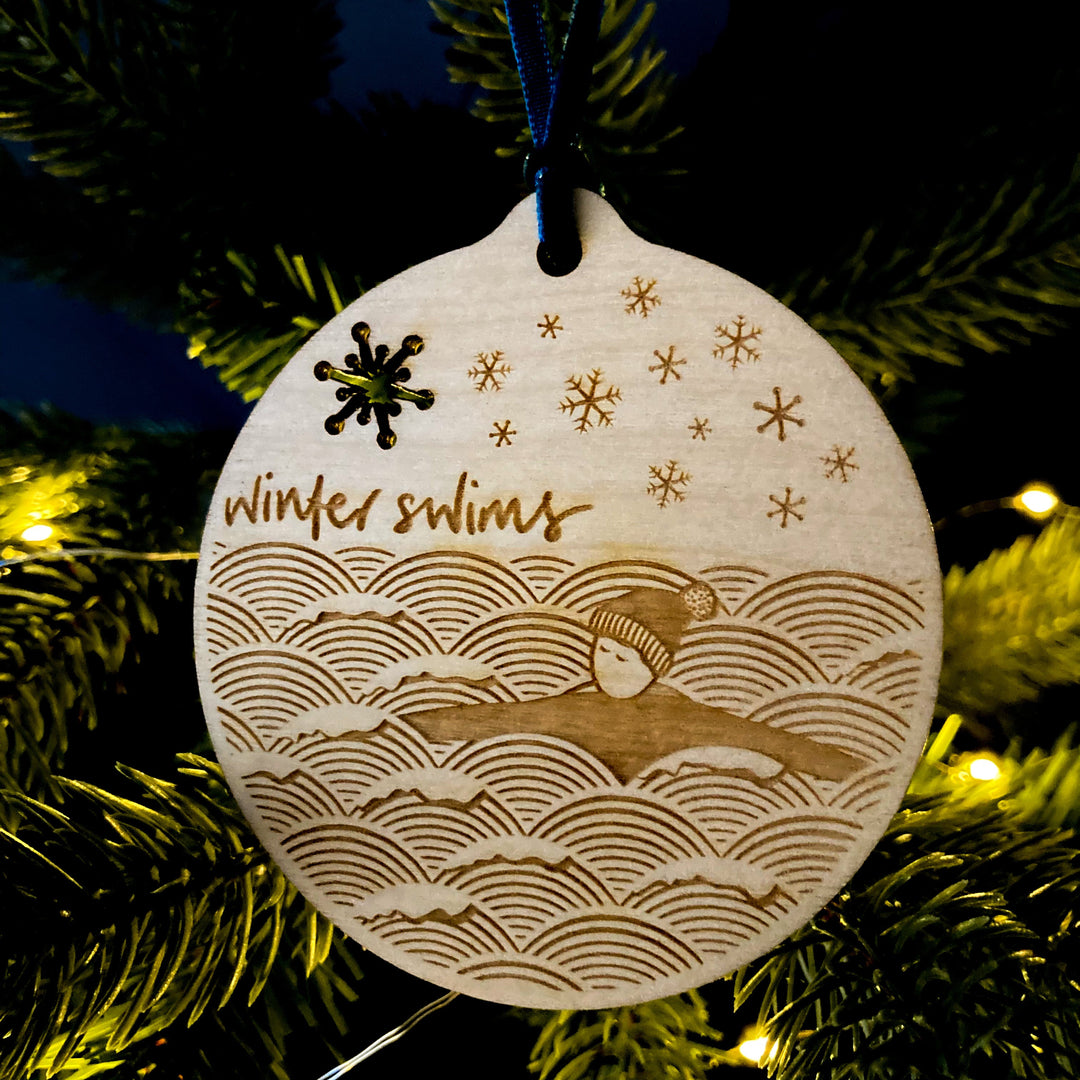 Winter swims laser etched bauble