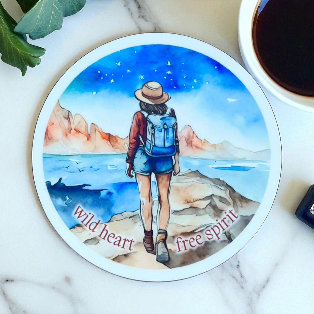 Wild Heart Free Spirit Round Wooden Coaster – Adventure Inspired Watercolour Design - Three Designs Available