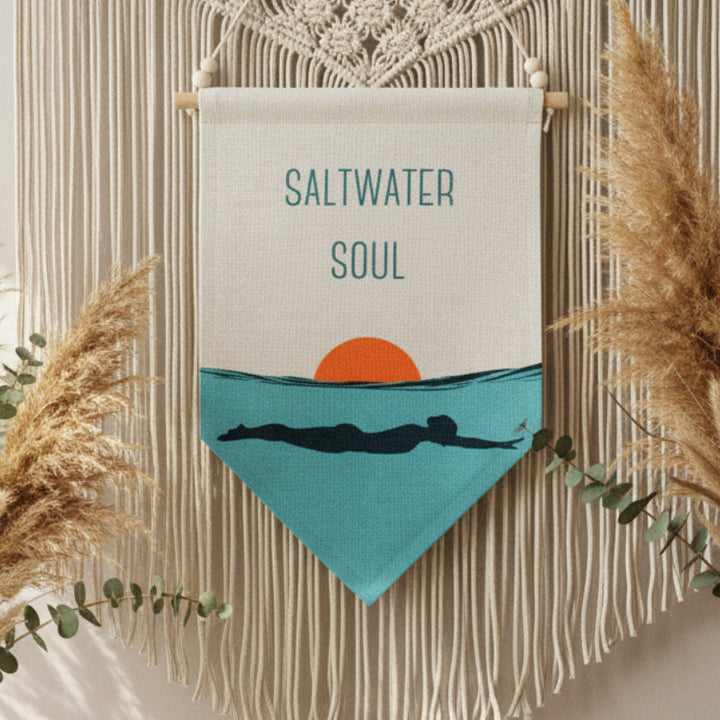 Saltwater Soul - Boho Linen Hanging Flag Swimmer Design, Wooden Rod &amp; Beaded Faux Suede Cord, Nautical Wall Decor