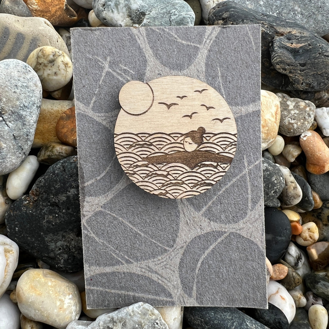 Wild swimmer etched wooden brooch