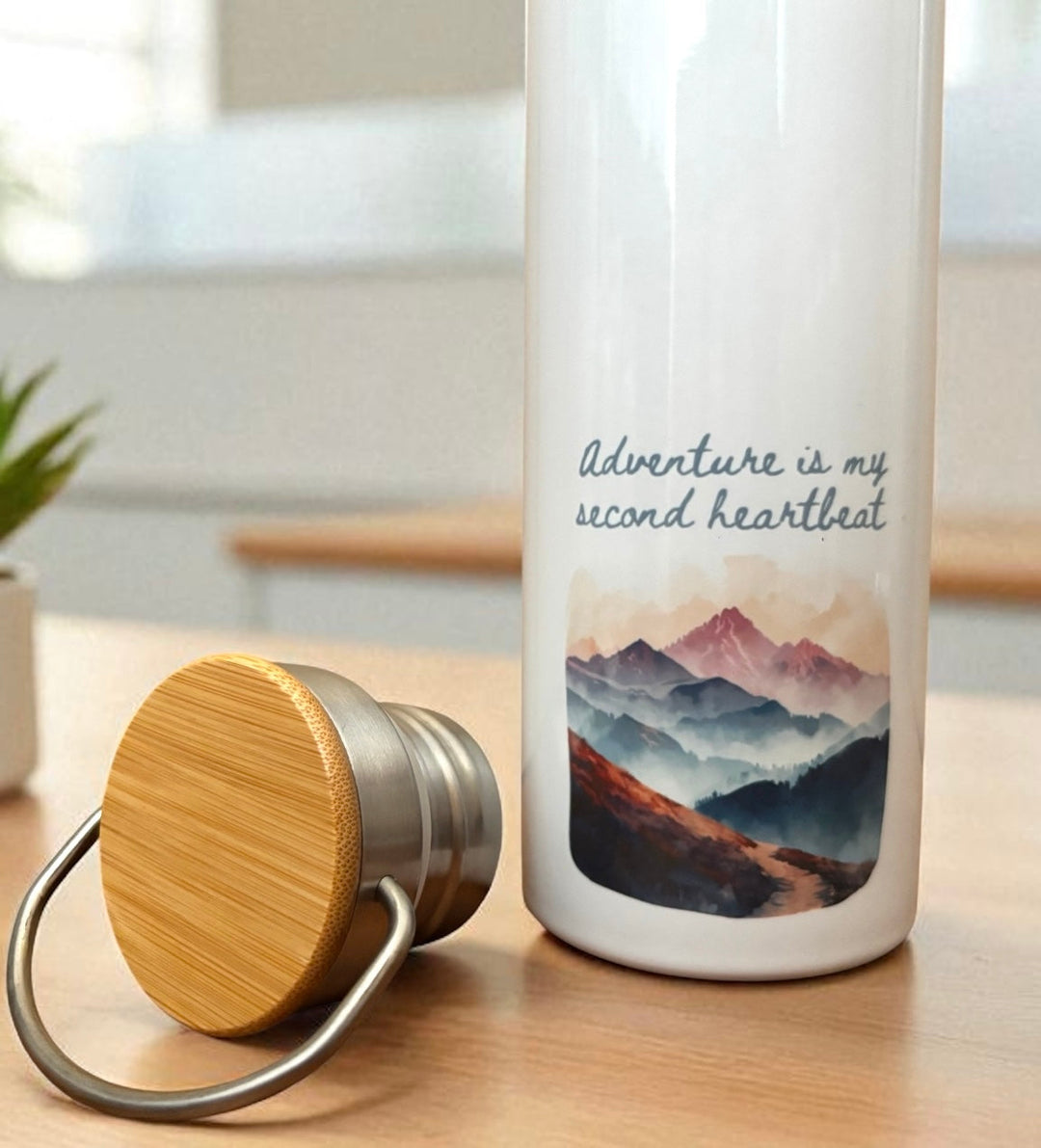 Adventure Is My Second Heartbeat Metal Water Bottle – 500ml Stainless Steel Insulated Flask with Pastel Mountain &amp; Hiking Path Design