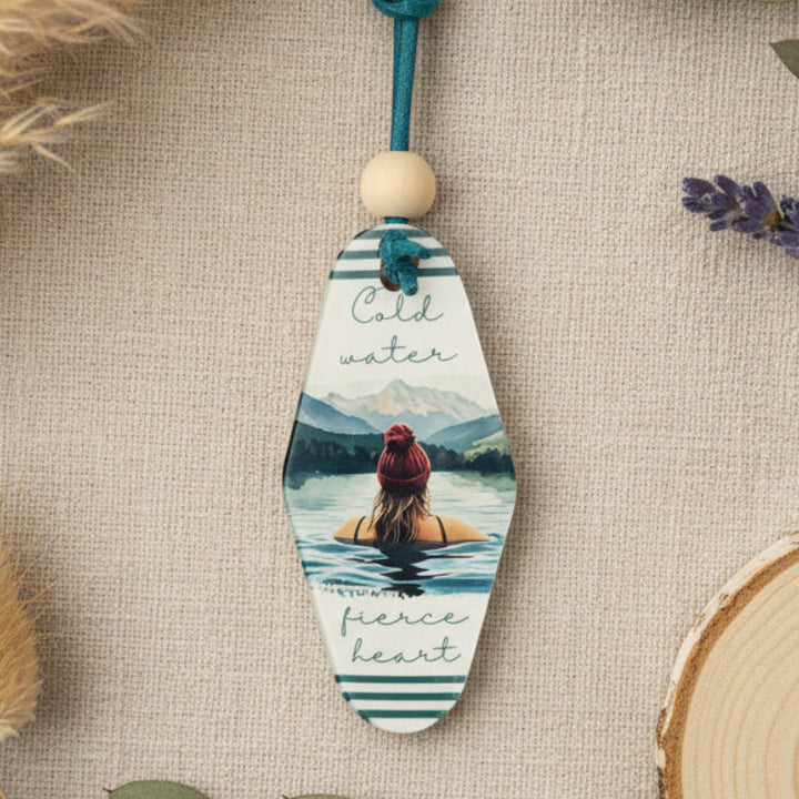 Cold Water Fierce Heart Swimming Lady Keyring – Retro Motel Style Boho Keychain with Bobble Hat Design, Choice of Blonde or Brunette Hair, Gift for Wild Swimming Lovers