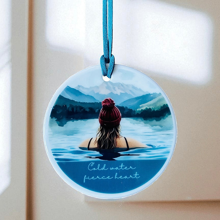 Cold Water Fierce Heart Ceramic Hanging Ornament – Blonde Female Cold Water Swimmer in Lake | Boho Adventure Home Décor