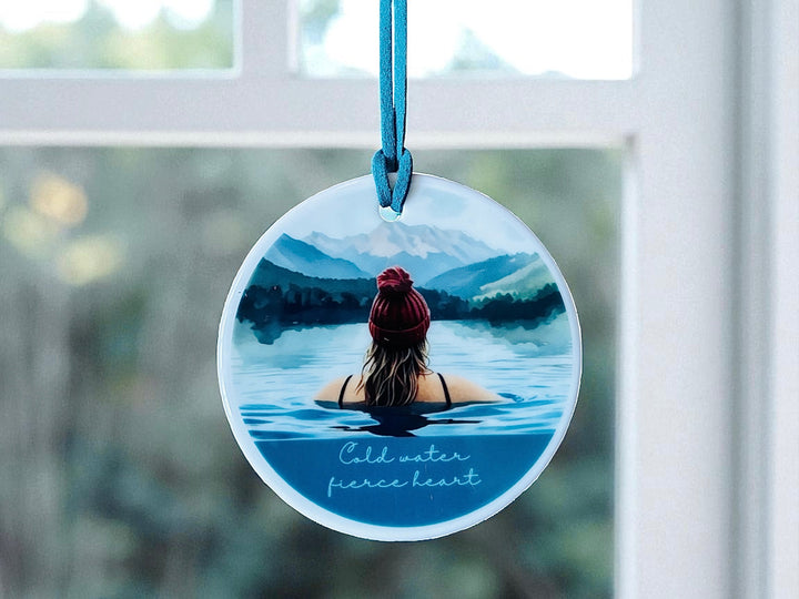 Cold Water Fierce Heart Ceramic Hanging Ornament – Blonde Female Cold Water Swimmer in Lake | Boho Adventure Home Décor