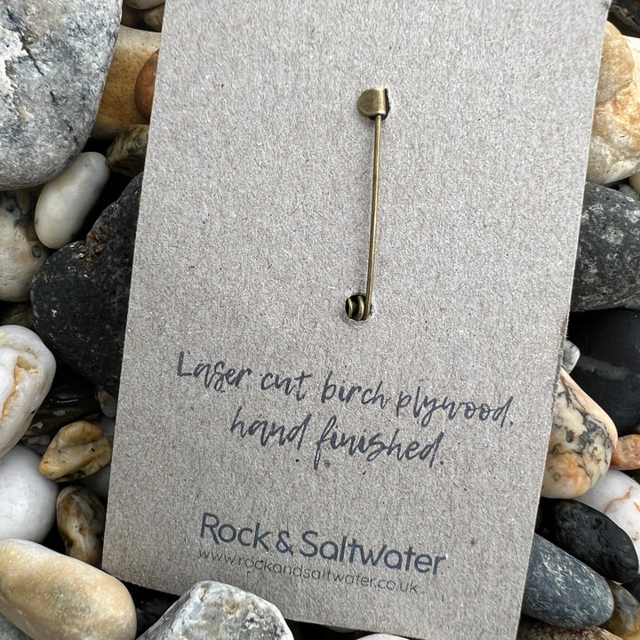 Wild swimmer etched wooden brooch