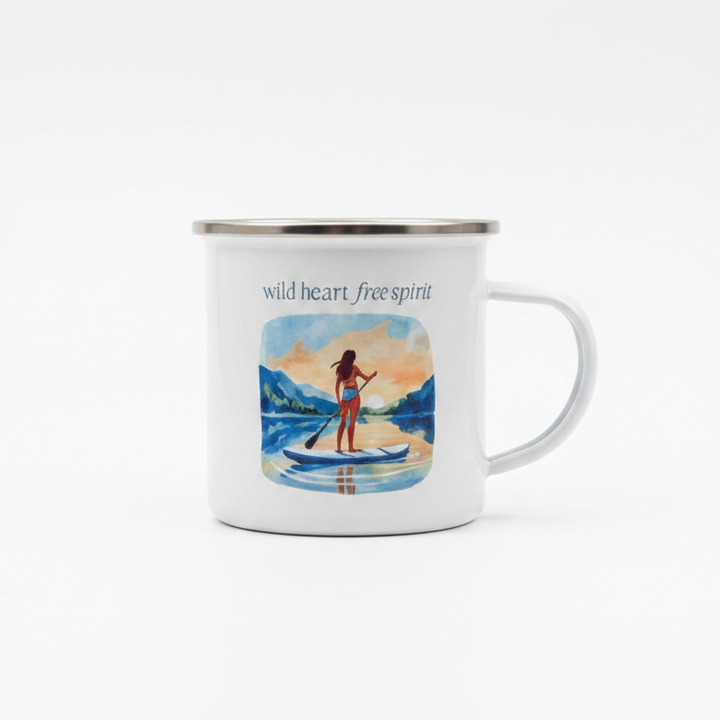 Wild Heart Free Spirit Female Paddleboarding Enamel Mug – Adventure Camping Cup