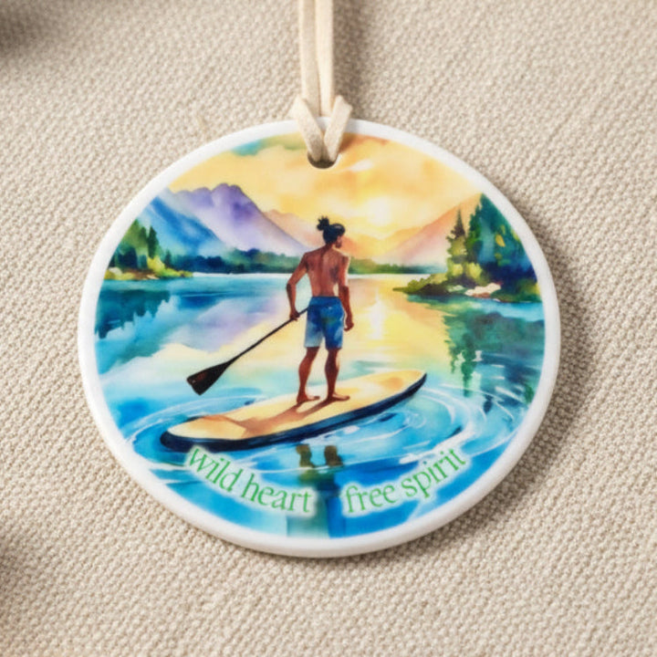 Wild Heart Free Spirit Male "Man Bun" Paddleboarding Ceramic Ornament – Boho Adventure Décor &amp; Gift