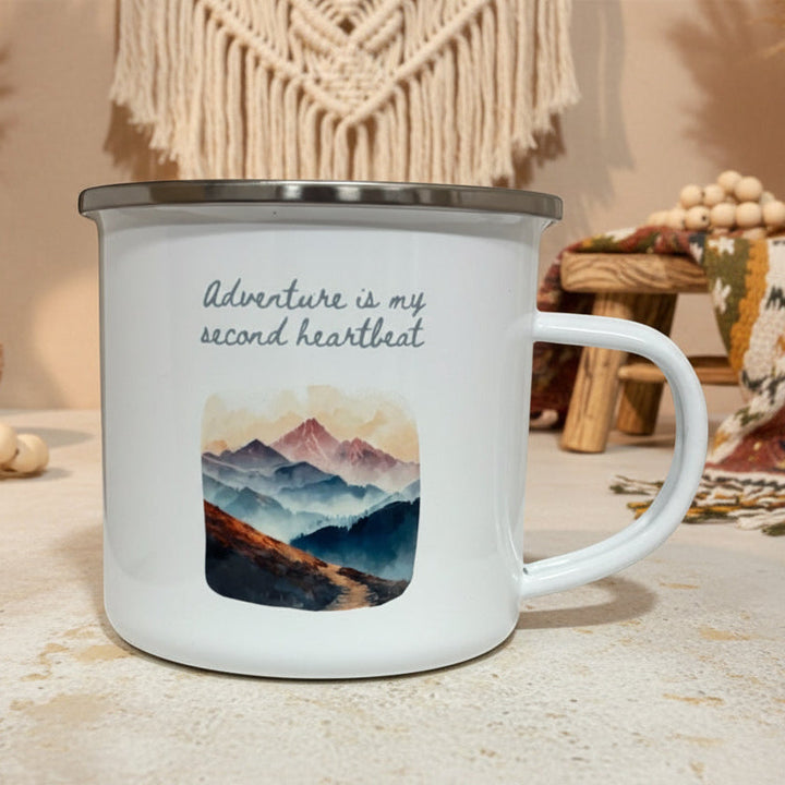 Adventure Is My Second Heartbeat Enamel Mug – 12oz Camping Coffee Cup with Pastel Mountain &amp; Hiking Path Design