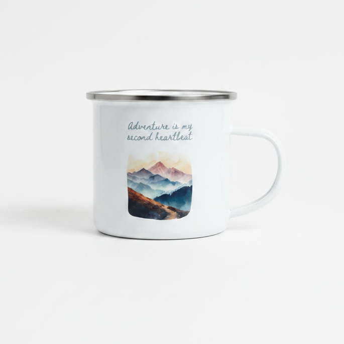 Adventure Is My Second Heartbeat Enamel Mug – 12oz Camping Coffee Cup with Pastel Mountain &amp; Hiking Path Design