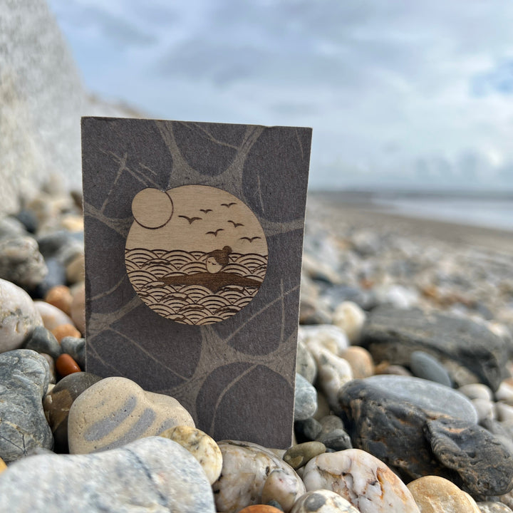 Wild swimmer etched wooden brooch
