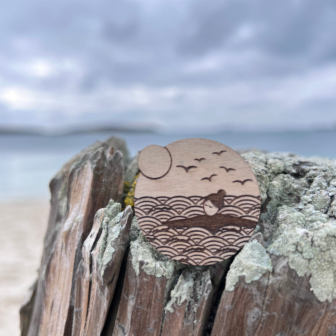 Wild swimmer etched wooden brooch
