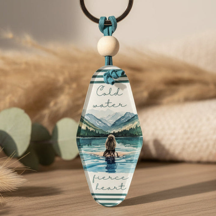 Cold Water Fierce Heart Swimming Lady Keyring – Retro Motel Style Boho Keychain with Bobble Hat Design, Choice of Blonde or Brunette Hair, Gift for Wild Swimming Lovers