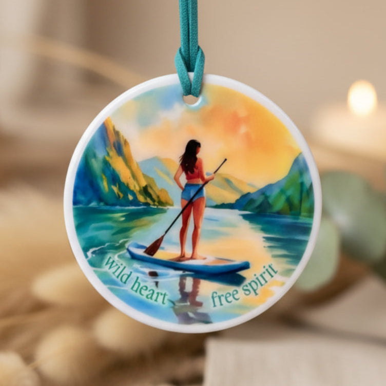 Wild Heart Free Spirit Female Paddleboarding Ceramic Ornament – Boho Adventure Décor &amp; Gift