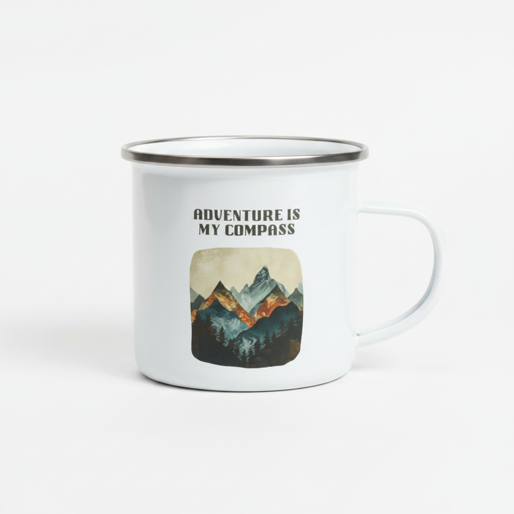 Adventure Is My Compass Enamel Mug – 12oz Camping Coffee Cup with Mountain Design
