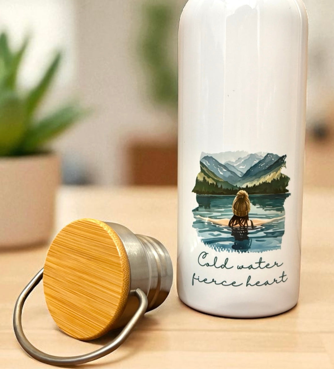 Cold Water Fierce Heart Metal Water Bottle – 500ml Stainless Steel Insulated Flask with Wild Swimming Design of Brunette in Bobble Hat