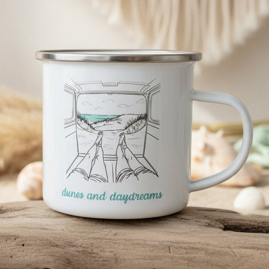 White mug with black rim and handle, featuring a drawing of a train window view and &