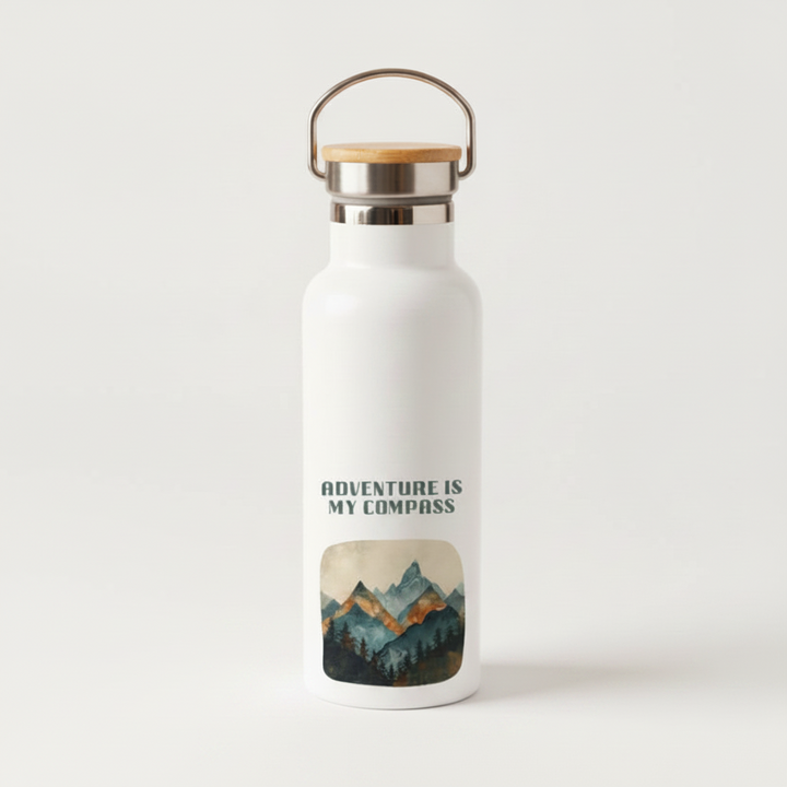Adventure Is My Compass Metal Water Bottle – 500ml Insulated Stainless Steel Flask with Mountain Design