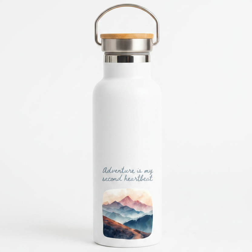 Adventure Is My Second Heartbeat Metal Water Bottle – 500ml Stainless Steel Insulated Flask with Pastel Mountain &amp; Hiking Path Design