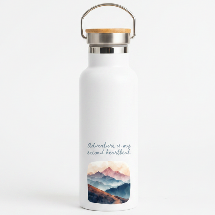 Adventure Is My Second Heartbeat Metal Water Bottle – 500ml Stainless Steel Insulated Flask with Pastel Mountain &amp; Hiking Path Design