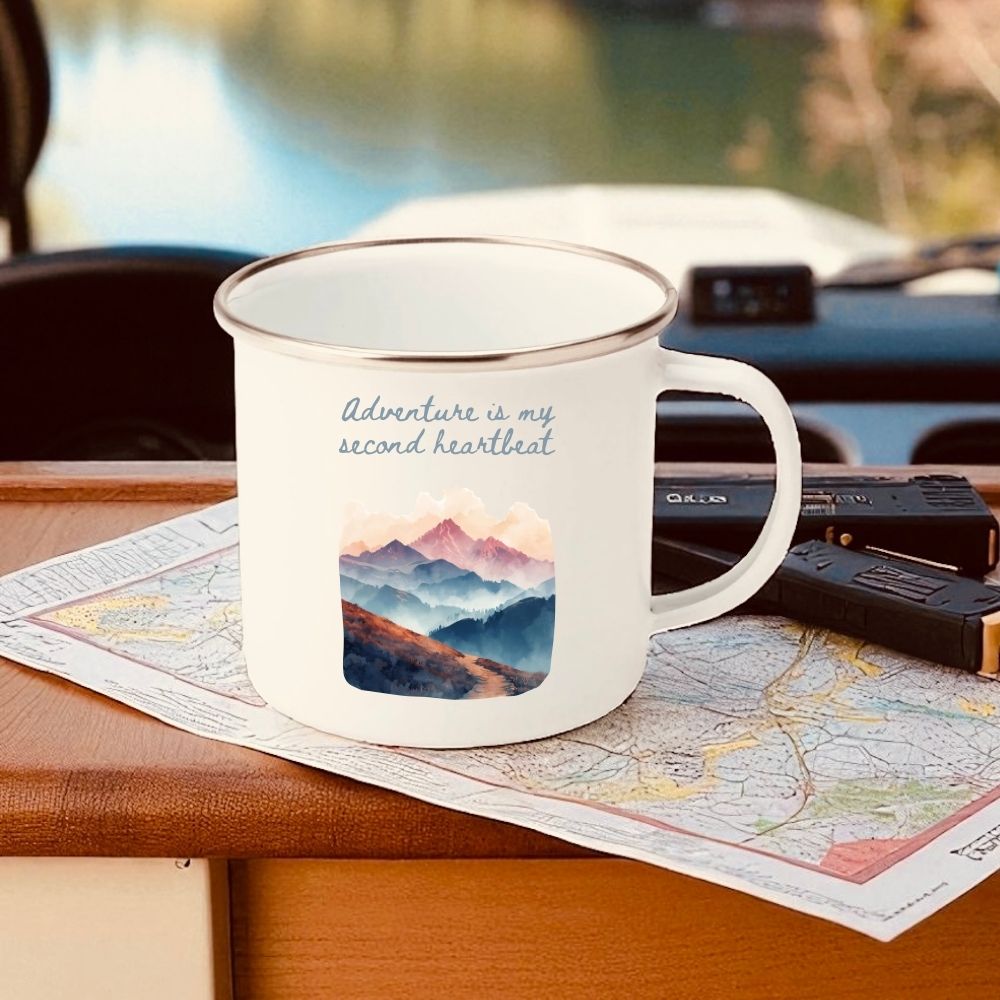 Adventure Is My Second Heartbeat Enamel Mug – 12oz Camping Coffee Cup with Pastel Mountain &amp; Hiking Path Design