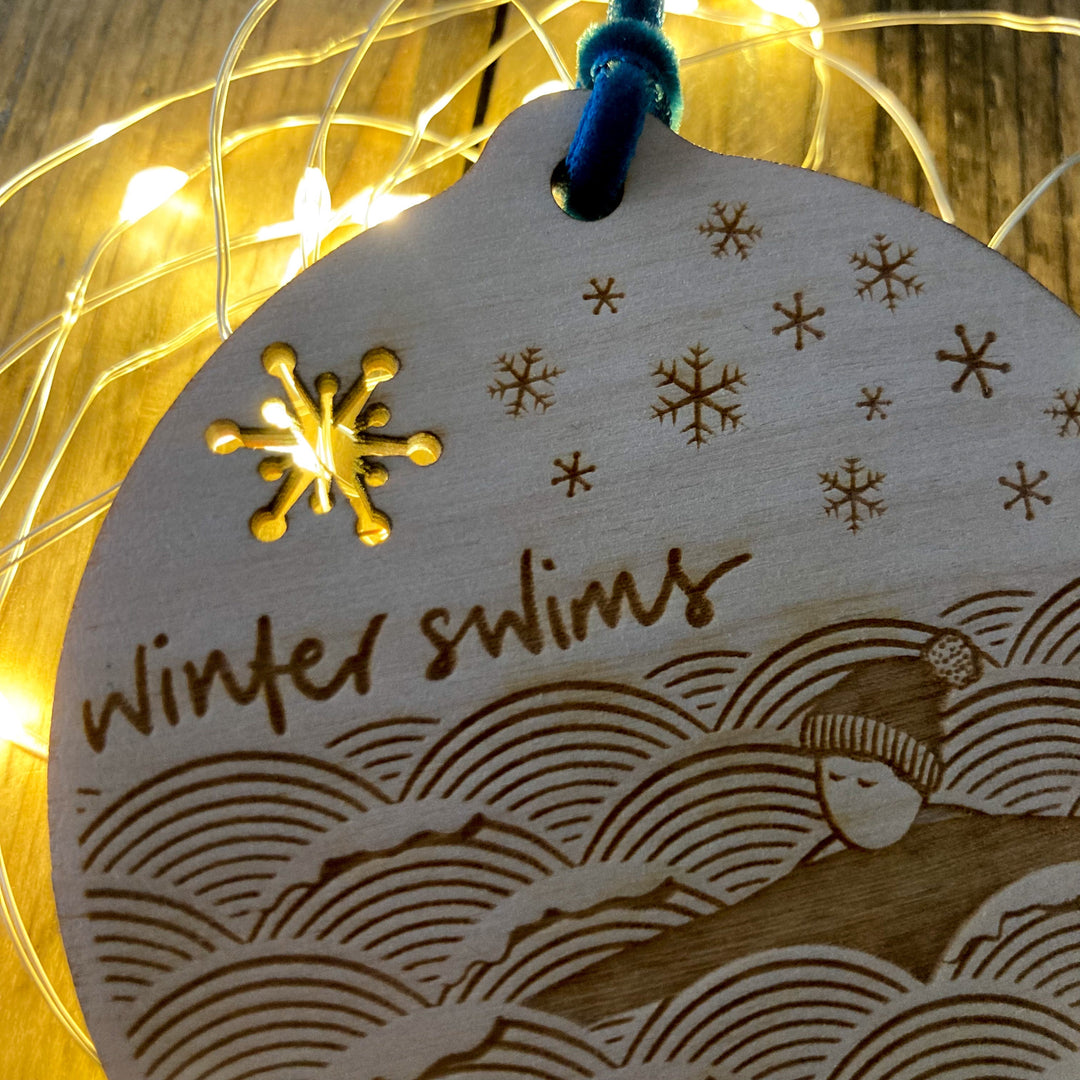 Winter swims laser etched bauble