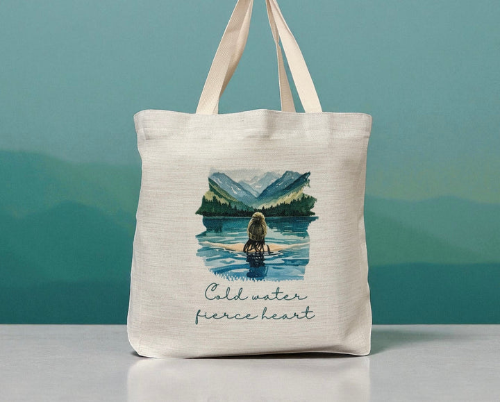 Cold Water Fierce Heart Tote Bag – Wild Female Brunette Hair Swimmer Design