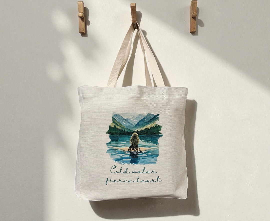 Cold Water Fierce Heart Tote Bag – Wild Female Brunette Hair Swimmer Design