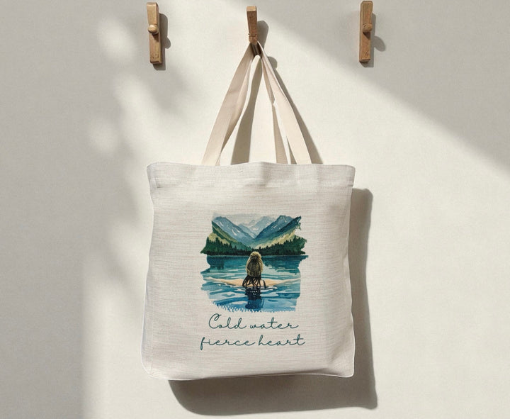 Cold Water Fierce Heart Tote Bag – Wild Female Brunette Hair Swimmer Design
