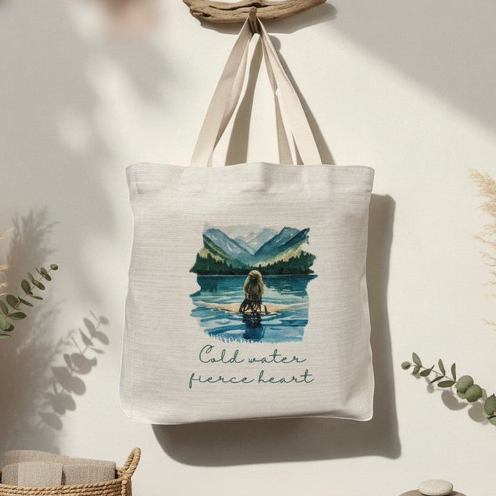 Cold Water Fierce Heart Tote Bag – Wild Female Brunette Hair Swimmer Design