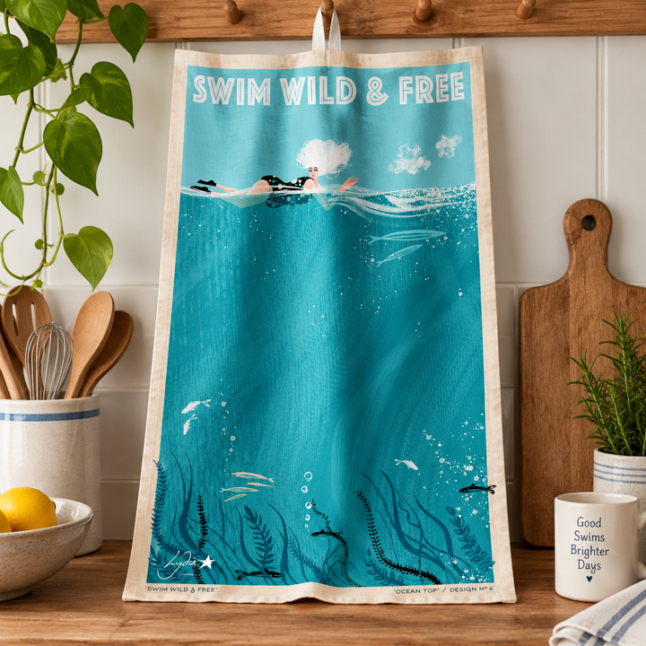 Swim Wild &amp; Free Wild Swimming Tea Towel