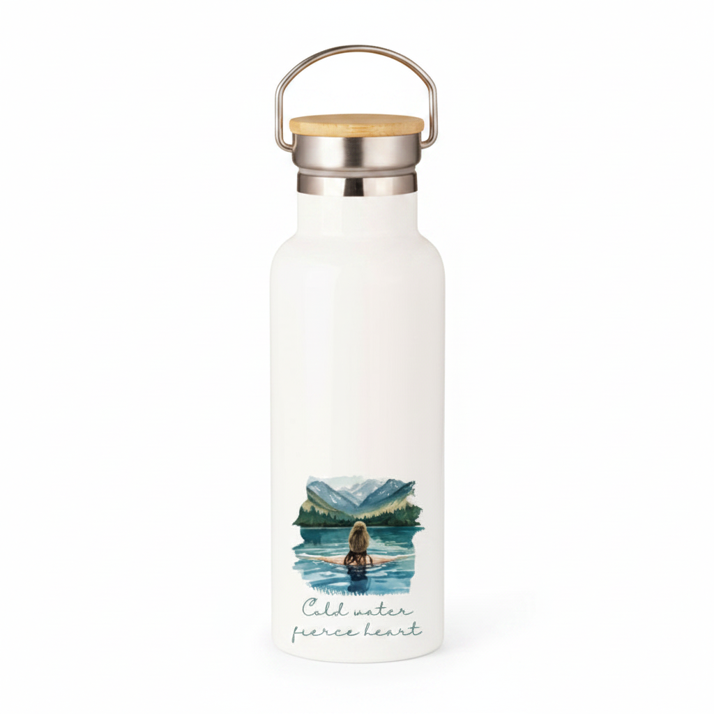 Cold Water Fierce Heart Metal Water Bottle – 500ml Stainless Steel Insulated Flask with Wild Swimming Design of Brunette in Bobble Hat