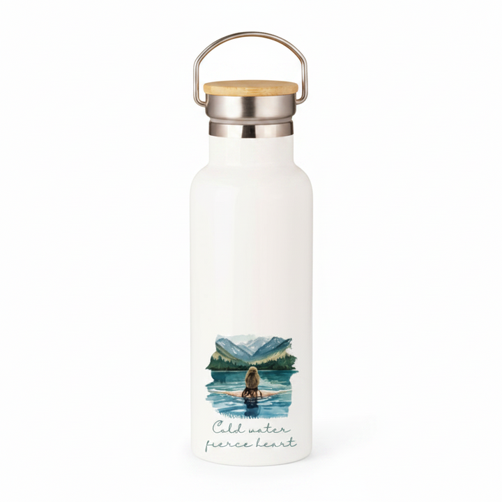 Cold Water Fierce Heart Metal Water Bottle – 500ml Stainless Steel Insulated Flask with Wild Swimming Design of Brunette in Bobble Hat