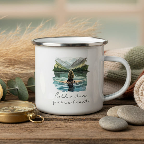Mug with a design of a person swimming in a lake with mountains and the text &