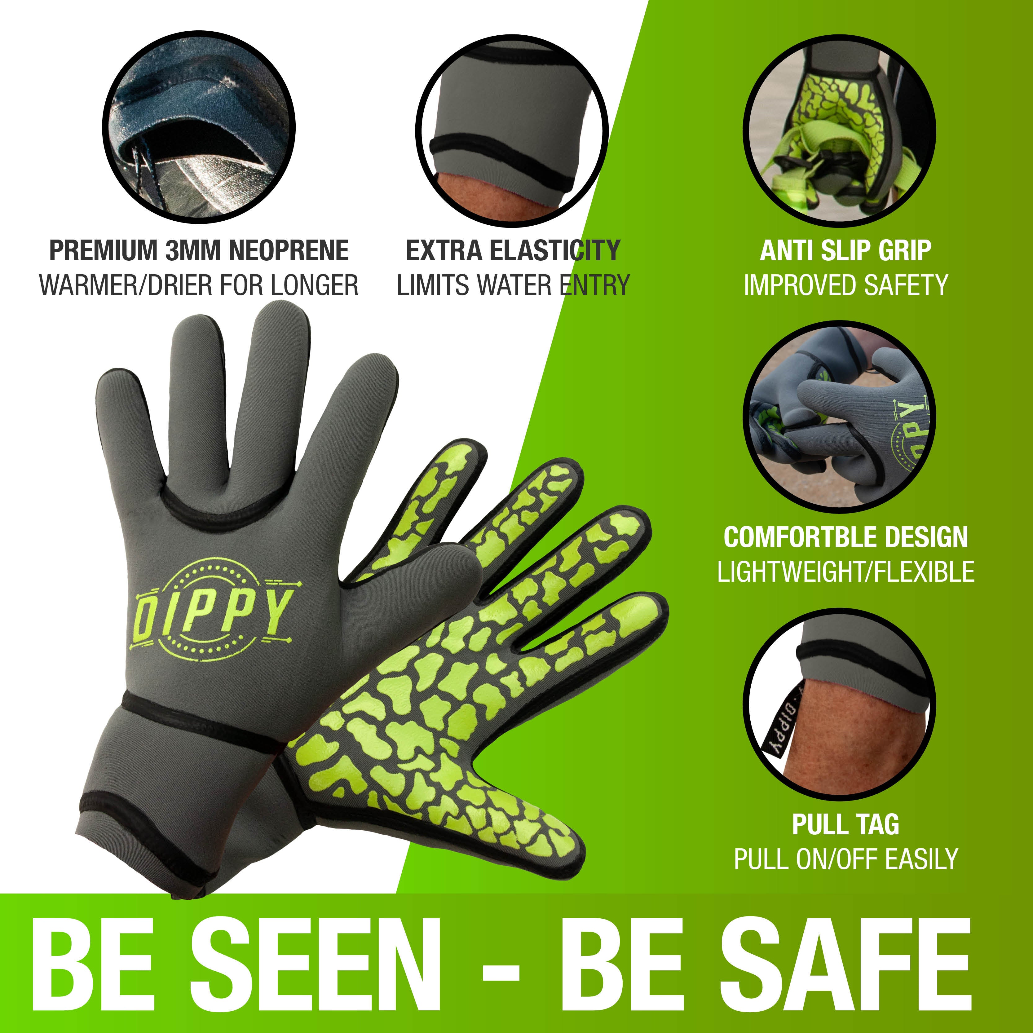 Neoprene 3MM Swim Gloves - Grey/Green (Please see size guide image)