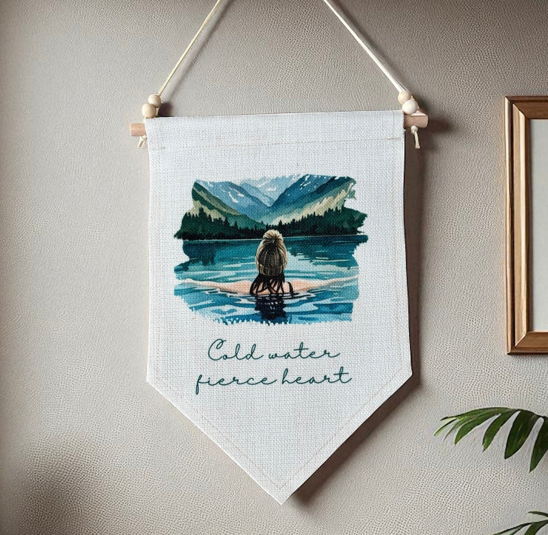Cold Water, Fierce Heart Quote with Female Wild Swimmer in Bobble Hat – Boho Hanging Linen Wall Art Home Décor