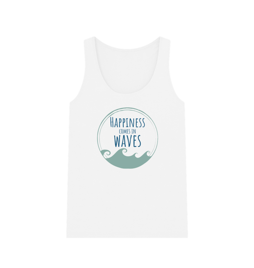 Happiness Comes In Waves Women's Vest Top White Front Eco-friendly women’s wave graphic vest top with slogan