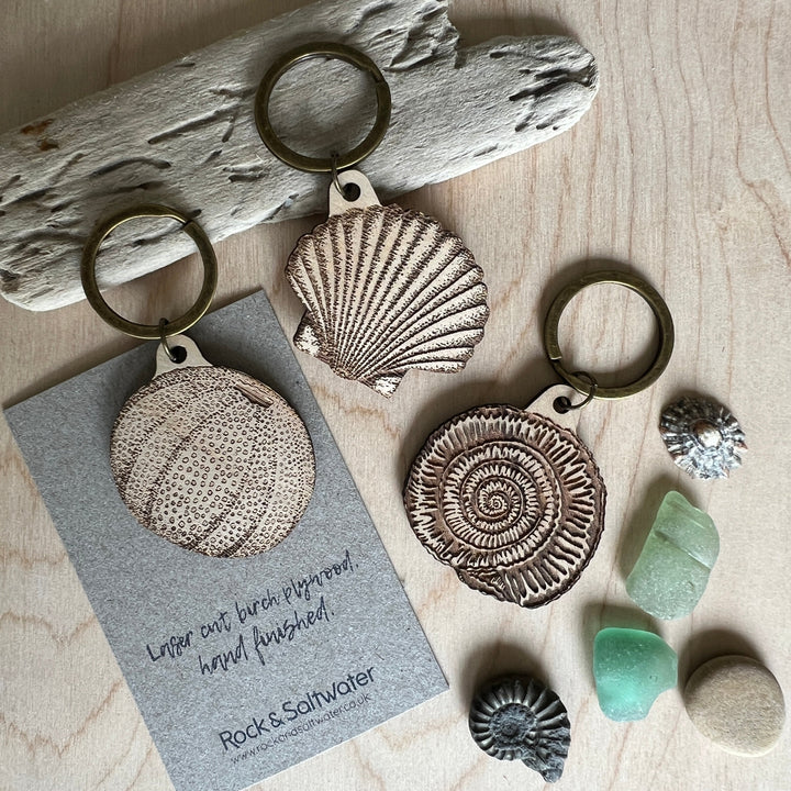 Shell laser etched wooden keyring