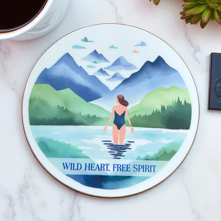 Wild Heart Free Spirit Round Wooden Coaster – Wild Swimming Watercolour Design