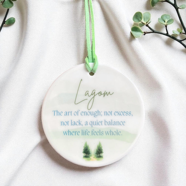 Lagom Ceramic Round Ornament – Swedish Scandinavian Word with Definition - Minimalist Home Décor &amp; Inspirational Gift