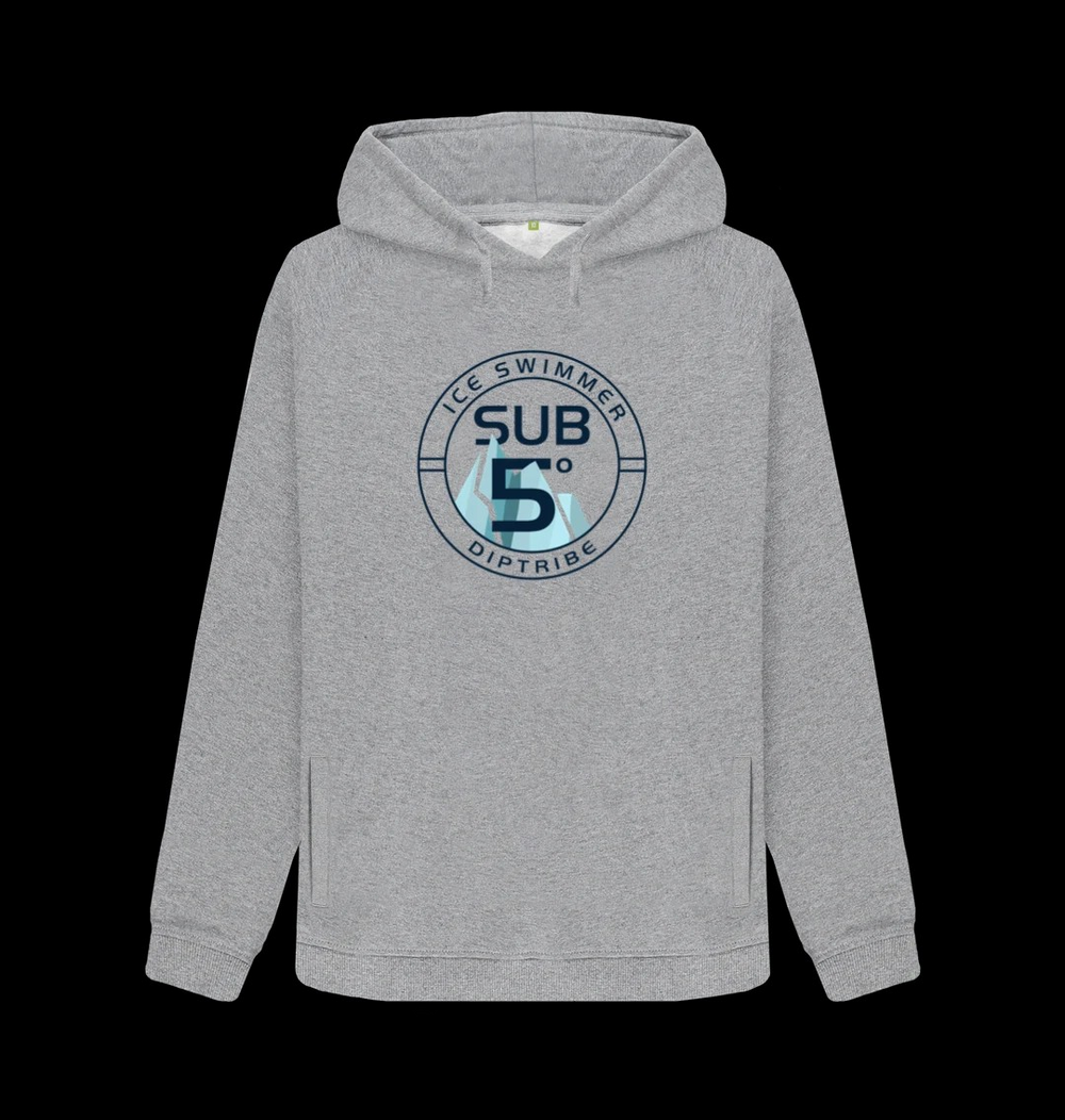 Flat Shot of the diptribe grey hoodie with an 'Ice Swimmer Sub 5' logo on the front.