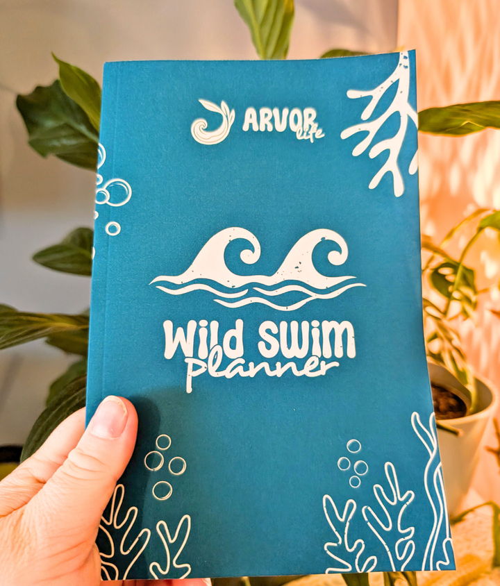 blue ocean design Paperback Wild Swim Planner designed for cold water swimmers and sea dipping enthusiasts.