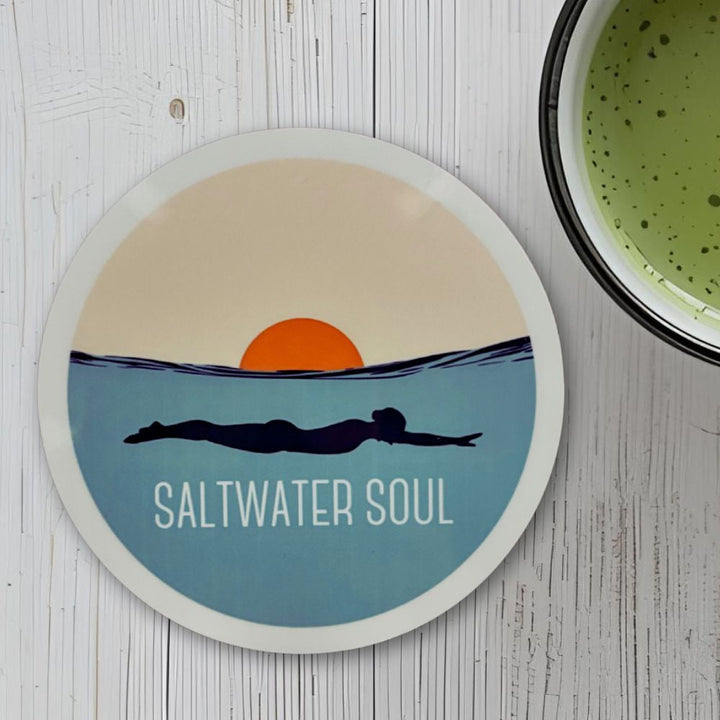 Saltwater Soul Round Coaster – Ocean Wild Swimmer Silhouette Design | Coastal &amp; Sea Lover Décor