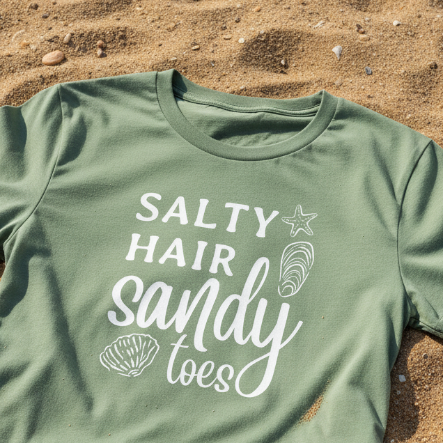 Salty hair sandy toes beachwear Sage Printed T-shirt Front
