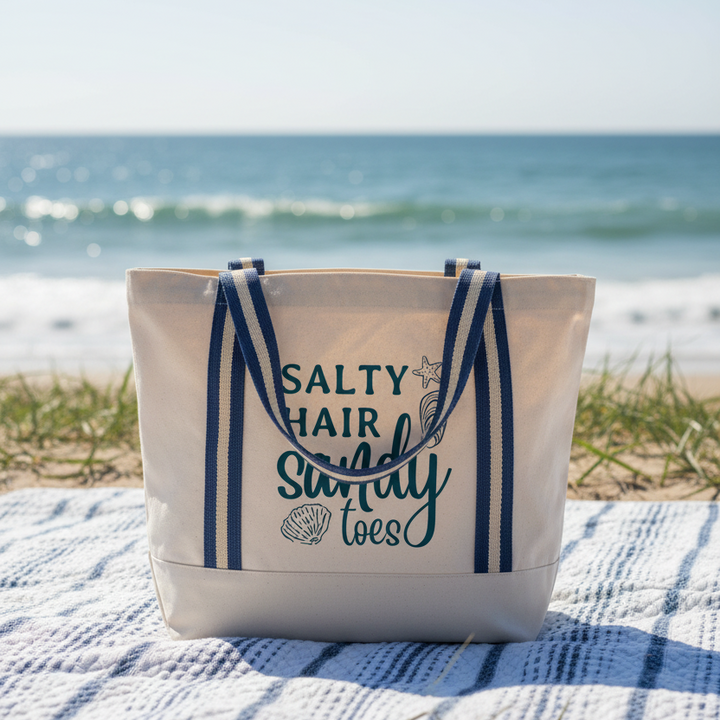 Organic cotton Salty hair sandy toes design summer beach bag with Navy straps
