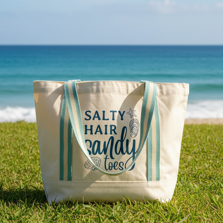 Salty hair sandy toes summer beach bag Sage Green straps Bag Front