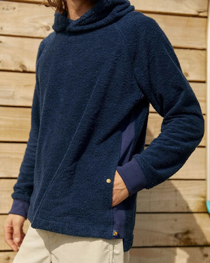 Navy So English Hampstead hoodie with detailed stitching, casual fit, made in the UK, displayed on a neutral background.