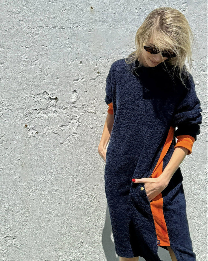 Long navy and orange hoodie by So English featuring a relaxed fit, casual style, and made in the UK.