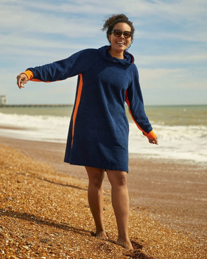 Navy and orange long hoodie by So English, casual lifestyle hoodie with a relaxed fit, made in the UK.