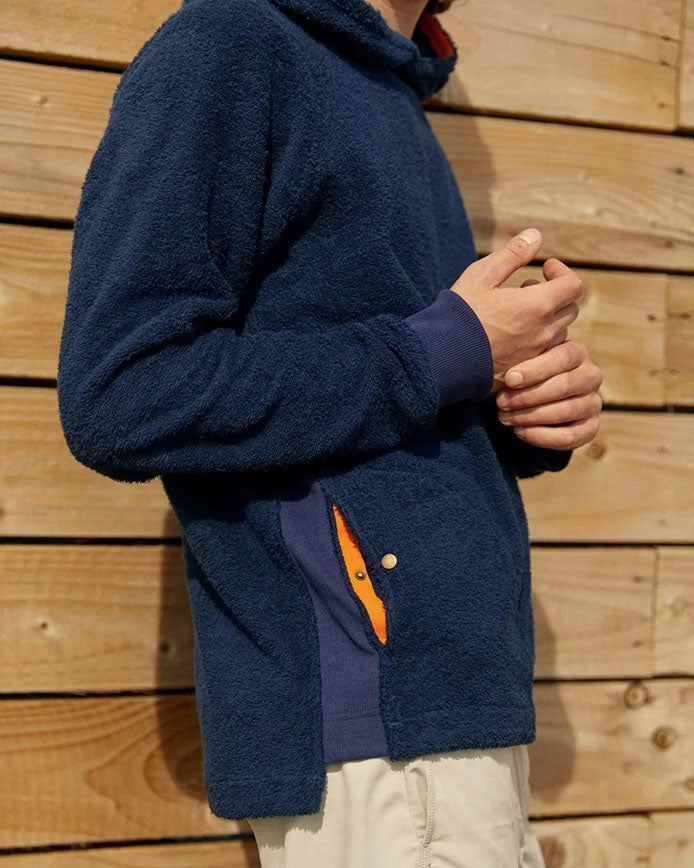 Navy So English Hampstead hoodie with detailed stitching, made in the UK, showcasing the casual, comfortable fit and soft fabric.