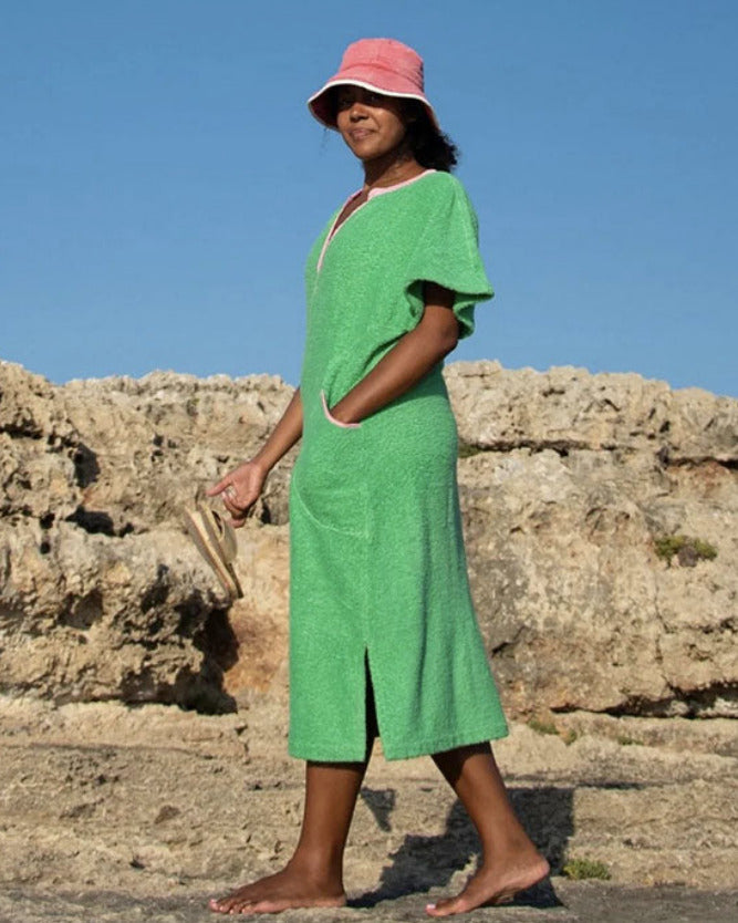 Long fresh green Kiss dress by So English, stylish beachwear with a flowing design and vibrant color, perfect for summer days.